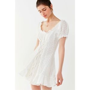 LIONESS EYELET RUFFLE LACE UP MINI DRESS XS